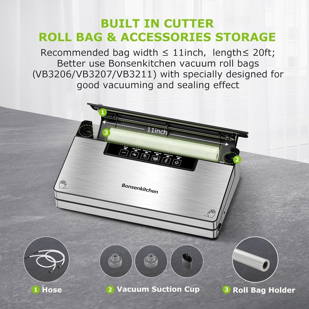 Bonsenkitchen Vacuum Sealer 7-in-1 Food Saver SS w/ Cutter & Bags Open Box - Picture 6 of 8